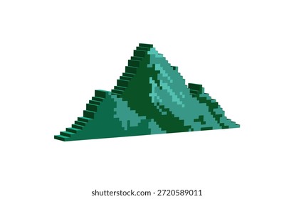 Icono de montaña verde de píxeles isométricos 3D. Arte del pixel de la montaña verde con el logotipo del símbolo del dólar 8 pedazos.