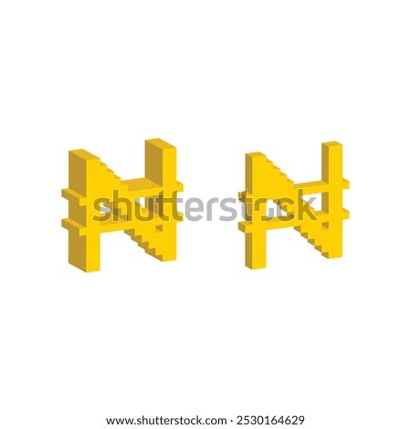 Isometric 3d pixel Nigerian Naira icon pixel art money sign for 8 bit game