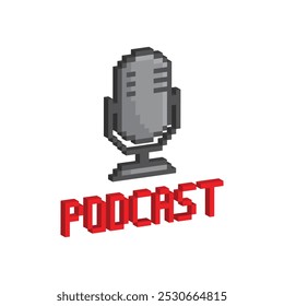 isometrisches 3D-Pixel-Podcast-Symbol. Vektor Pixel Art Mikrofon 8-Bit-Logo für Spiel