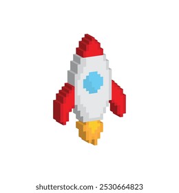 Icono isométrico del cohete del pixel 3d. Vector pixel art Rocket 8 bit logo para el juego