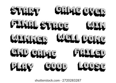 Texto isométrico de píxeles 3D en juegos. Arte de píxeles tridimensional de texto de juego.