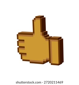 Isometric 3D pixel thumb up icon. Pixel art of thumb up 8 bit logo.