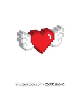 Isometric 3d  pixel wings with heart icon. Vector pixel art wings 8 bit logo for game