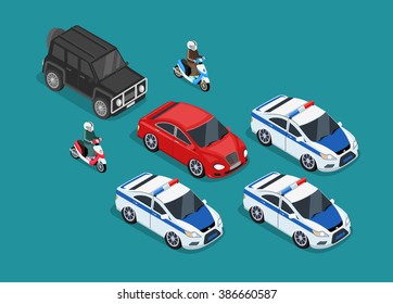 Isometric 3D police, policeman guard motorcade escort, cortege car, protection motorbike patrol flat design.