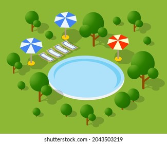 Isometrisches 3D-Schwimmbad und Regenschirme der städtischen Infrastruktur Vektorarchitektur. Moderne Illustration für Spieldesign und Business-Form-Hintergrund.