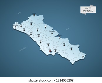 Isometric 3D Portugal map,  vector illustration with cities, borders, capital, administrative divisions and pointer marks; gradient blue background.  Concept for infographic.