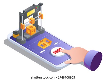 Isometric 3d printer building cube on mobile phone screen, human hand making order online, vector illustration. 3D printing service for on demand additive manufacturing.