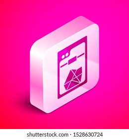 Isometric 3D printer icon isolated on pink background. Silver square button. Vector Illustration