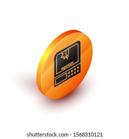 Isometric 3D printer icon isolated on white background. Orange circle button. Vector Illustration