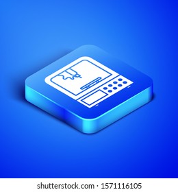 Isometric 3D printer icon isolated on blue background. Blue square button. Vector Illustration