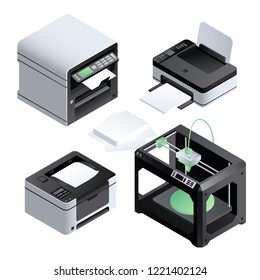 Isometric 3d printer icon set. Illustration of isometric 3d printer vector icons for web design isolated on white background