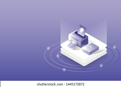 Isometric 3D printer idea to money. Business and financial concept.
