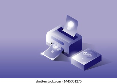 Isometric 3D printer idea to money. Business and financial concept.