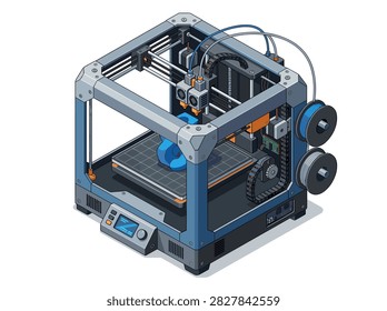 Isometric 3D Printer Machine with Dual Extruders Printing a Blue Plastic Model