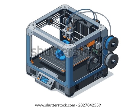 Isometric 3D Printer Machine with Dual Extruders Printing a Blue Plastic Model