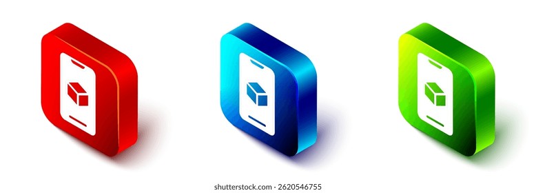 Isometric 3D printer software icon isolated on white background. 3d printing. Red, blue and green square button. Vector