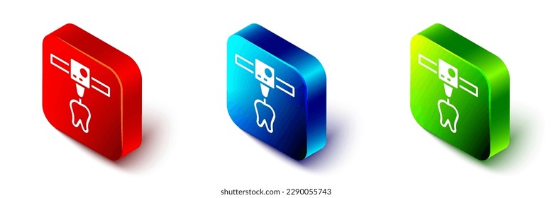 Isometric 3D printer tooth icon isolated on white background. 3d printing. Red, blue and green square button. Vector