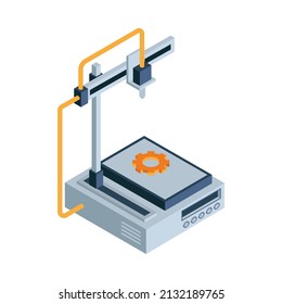 Isometric 3d printing composition with isolated image of printer making gear vector illustration