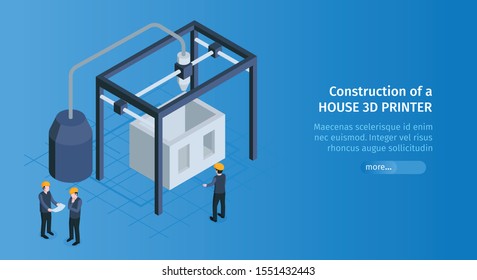 Isometric 3d printing horizontal banner with slider button text and building cage with 3d printer appliances vector illustration