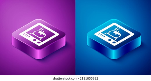 Isometric 3D printing technology icon isolated on blue and purple background. Square button. Vector