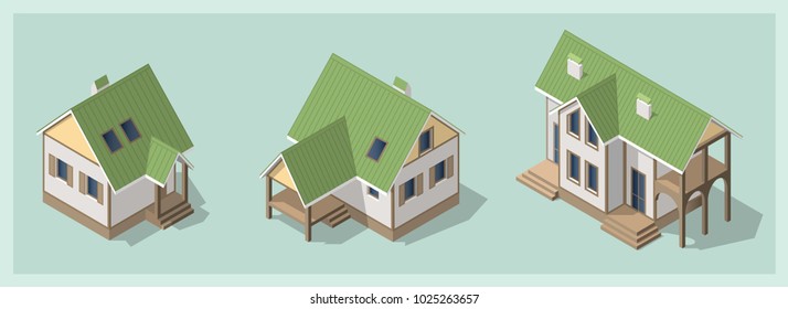 Isometric 3d private house, rural building set. Cottage icon collection. Architecture real estate, property and home, vector illustration. Isolated models, flat, cartoon style. Advertisement, game.