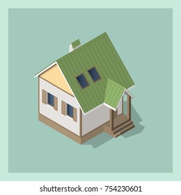 Isometric 3d private house, rural building. Cottage icon. Architecture real estate, property and home, vector illustration. Isolated model in flat, cartoon style. Can be used for advertisement, game.