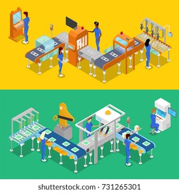 Isometric 3D production line concept set. Industrial goods production, mechanical conveyor with workers, manufacturing process. Factory equipment, smart robotic assembly line vector illustration.
