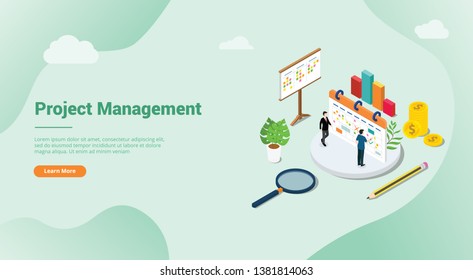 isometric 3d project management concept for website template banner homepage or landing - vector illustration