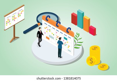 isometric 3d project management concept with business calendar and todo list sticky notes for work - vector