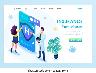 Isometric 3D. Protect Yourself From The Virus, Get Medical Insurance. Keeps a Social Distance And Wears Masks. Landing Page.