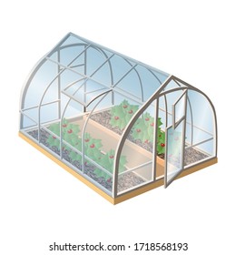 Isometric 3d realistic vector greenhouse with plants and glass with open door. Isolated illustration icon on white background. 