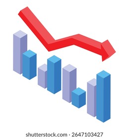 Isometric 3d red arrow pointing down over decreasing graph bars, concept of business loss