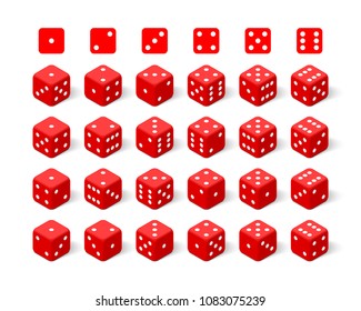 Isometric 3d red dice set. Twenty four combinations, vector illustration