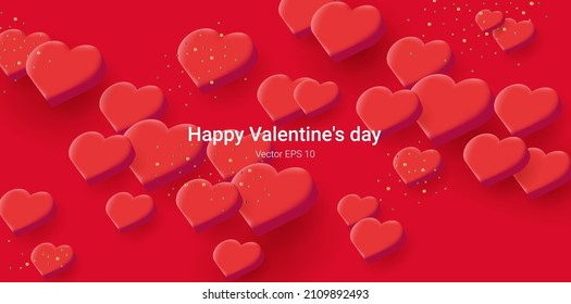 Isometric 3d red hearts creating random texture with confetti on red background