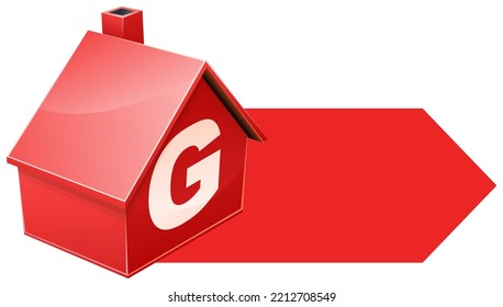 Isometric 3D red house with the energy efficiency class G inscribed on it with an arrow (cut out)