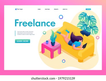 Isometric 3D. Remote Work, The Girl Works As a Freelancer. Work At Home. Concept For Landing Page.