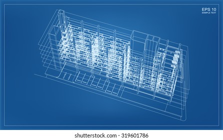Isometric 3D render of building wireframe structure. Vector construction graphic idea.