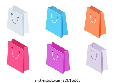 Isometric, 3D rendering shopping bags, colorful paper bags with handle isolated on white background. Isometric bag icon vector design.