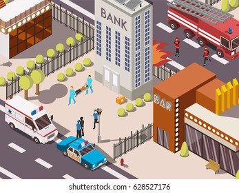 Isometric 3d rescue service composition with fire engine police and ambulance cars near bank building vector illustration