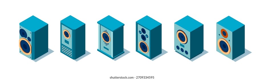 Altavoces retro isométricos 3D. Conjunto de seis objetos sobre un fondo blanco. Viejo equipo musical. Ilustración vectorial