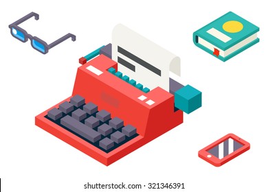 Isometric 3d Retro Vintage Creativity Symbol Typewriter Paper Sheet Icon Flat Design Template Vector Illustration