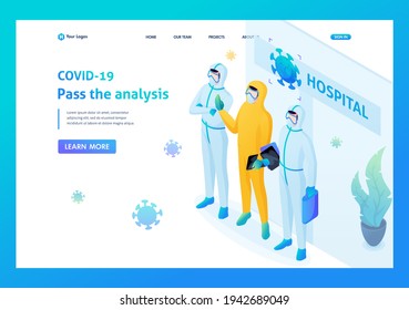 Isometric 3D. Risk Of Spreading The Virus. Doctors In Protective Suits At The Entrance To The Hospital. Landing Page.