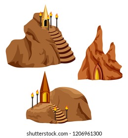 Isometric 3d rock stones, fantasy game asset. Cartoon caves and houses for underground town or forgotten realm. Isolated objects, Vector illustration