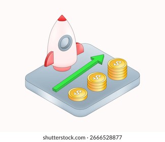 foguete 3D isométrico com moedas e uma seta para cima. Crescimento dos negócios, ilustração financeira e vetorial