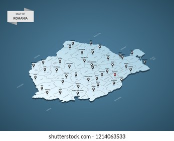 Isometric 3D Romania map,  vector illustration with cities, borders, capital, administrative divisions and pointer marks; gradient blue background.  Concept for infographic.