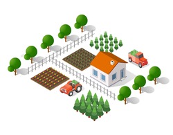 Isometric 3d Rural Landscape Elements Set A Plan View Of A Tractor And Tree House