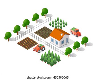 Isometric 3d rural landscape elements set a plan view of a tractor and tree house