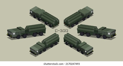 Isometric 3D Russian Self-propelled Anti-aircraft Defense Missile System C-300 In Green Camouflage Color With Four Missiles In Tubes. Six Projections