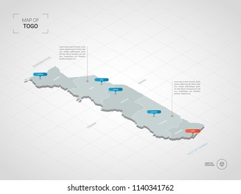 Isometric 3D Rwanda map. Stylized vector map illustration with cities, borders, capital Kigali , administrative divisions and pointer marks; gradient background with grid. 