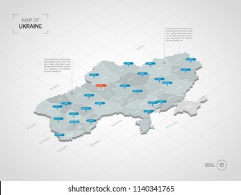 Isometric 3D Rwanda map. Stylized vector map illustration with cities, borders, capital Kigali , administrative divisions and pointer marks; gradient background with grid. 